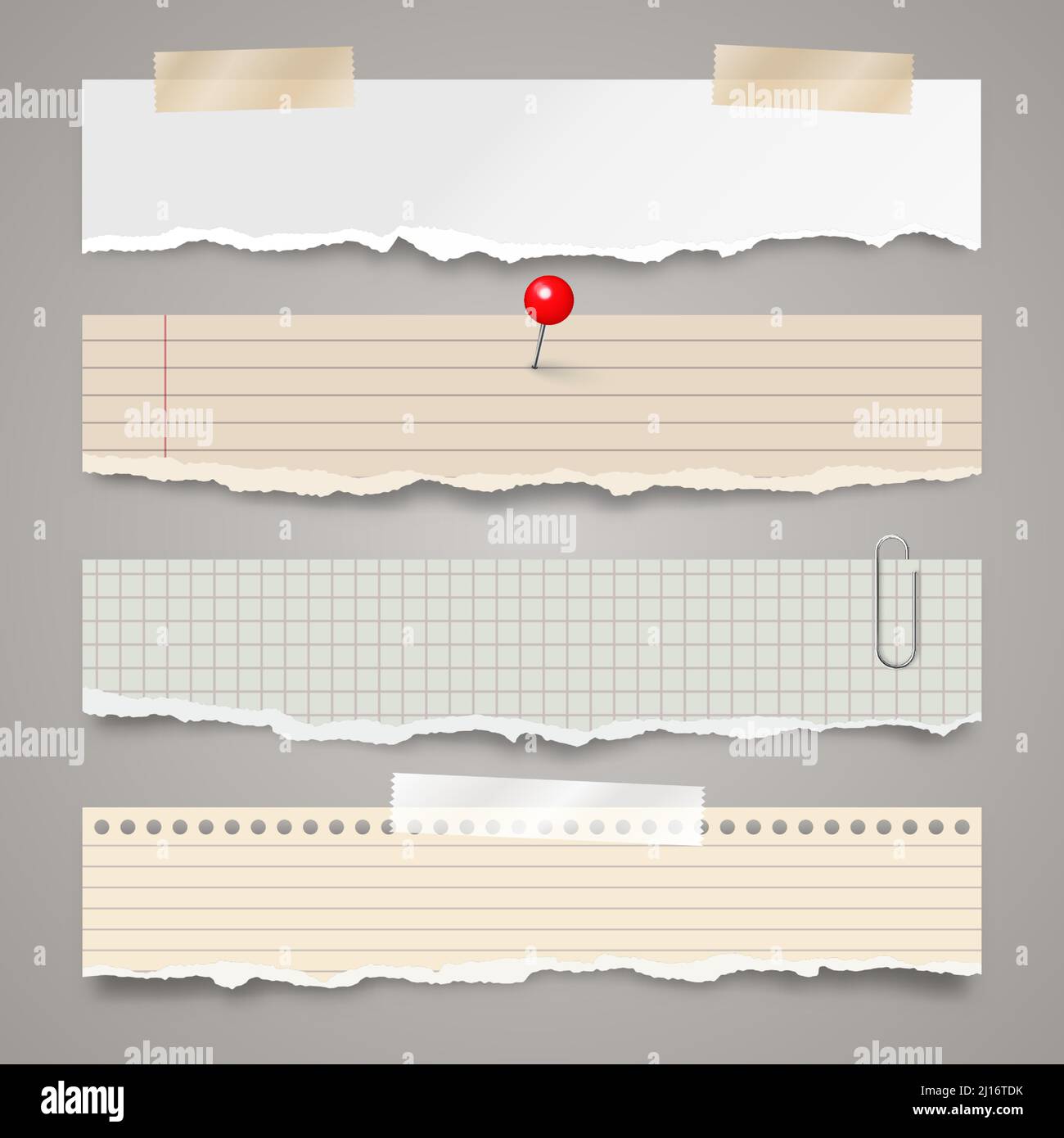 Ripped paper strips with adhesive tape. Realistic crumpled paper scraps ...