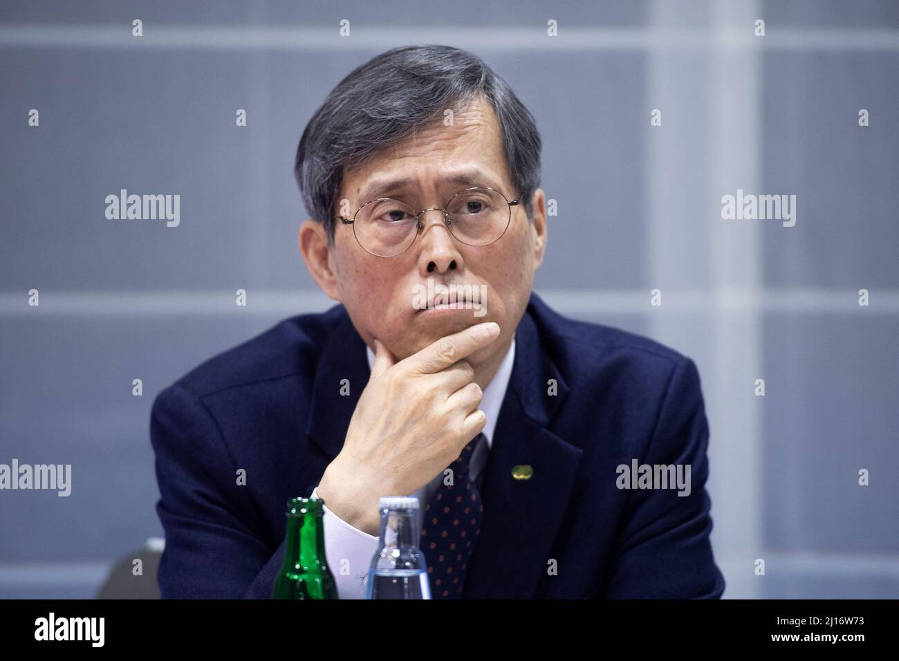 Prague, Czech Republic. 23rd Mar, 2022. Chung Jaehoon, President and CEO of the South Korea's KHNP (Korea Hydro & Nuclear Power) company, attends the meeting with journalists on March 23, 2022, in Prague, Czech Republic. The company is a bidder for the construction of the new nuclear power plant unit in Dukovany. Credit: Michaela Rihova/CTK Photo/Alamy Live News Stock Photo