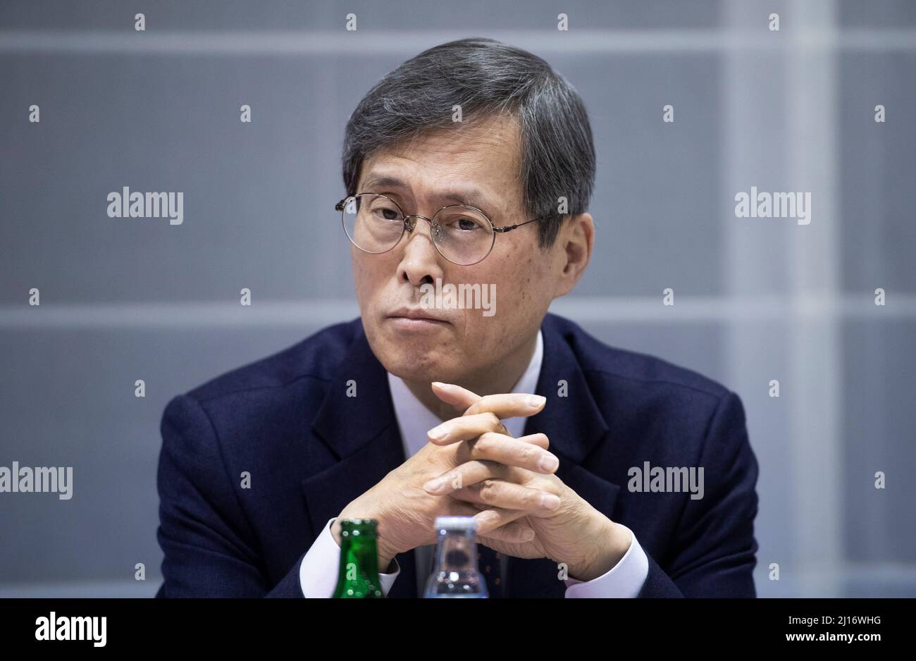 Prague, Czech Republic. 23rd Mar, 2022. Chung Jaehoon, President and CEO of the South Korea's KHNP (Korea Hydro & Nuclear Power) company, attends the meeting with journalists on March 23, 2022, in Prague, Czech Republic. The company is a bidder for the construction of the new nuclear power plant unit in Dukovany. Credit: Michaela Rihova/CTK Photo/Alamy Live News Stock Photo