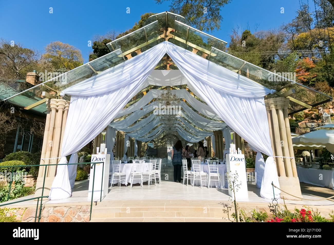 Johannesburg, South Africa August 18, 2016 Outdoor dining decor in garden cafe Stock Photo