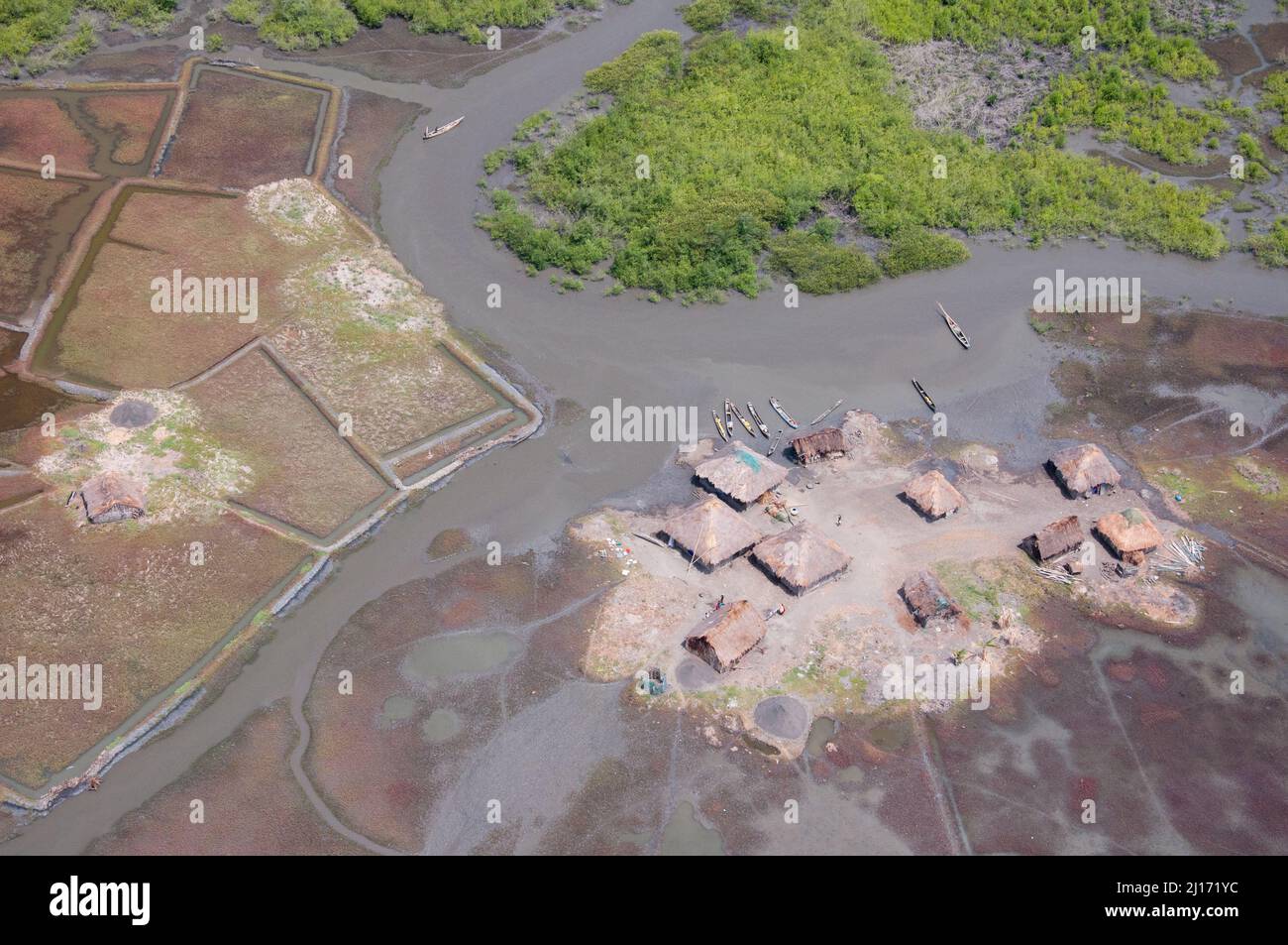 An aerial shot of a rural scene,south east of Freetown Sierra Leone, a fishing village in a tidal marsh. Stock Photo