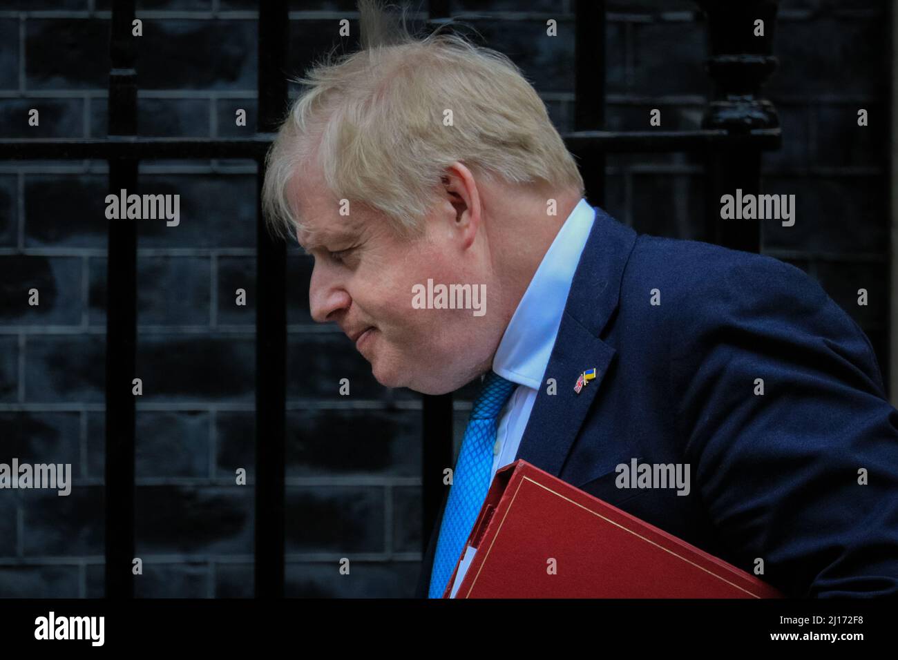 Westminster, London, UK. 23rd Mar, 2022. Boris Johnson MP, British Prime Minister, exits 10 Downing Street for PMQs at Parliament today. Credit: Imageplotter/Alamy Live News Stock Photo