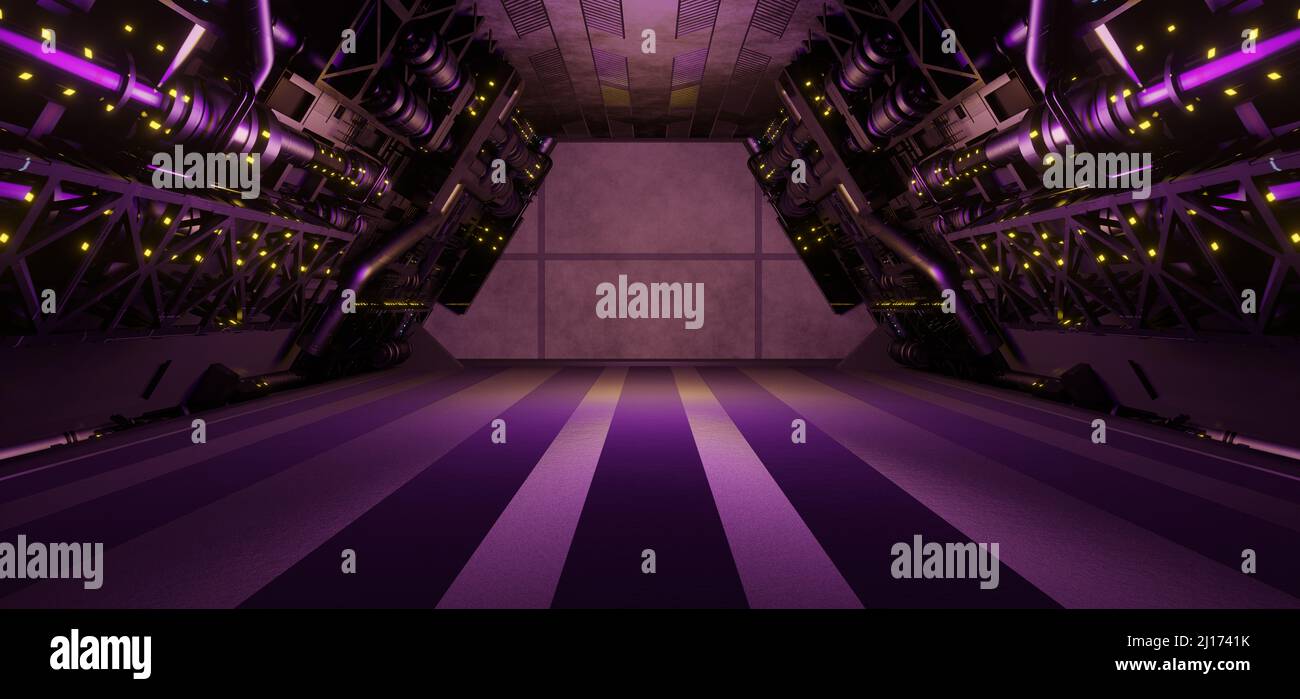 Robotic SciFi Digital Tunnel Hangar Club Hallway Solid Metallic Purple Colors Background Wallpaper Interdimensional For Web Banners Or Headers 3D Illu Stock Photo