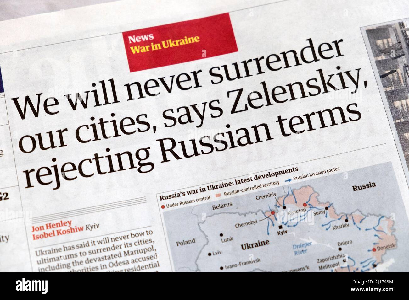 'We will never surrender our cities says Zelenskiy rejecting Russian terms' Guardian newspaper headline Russian invasion Ukraine war 21 March 2022 UK Stock Photo