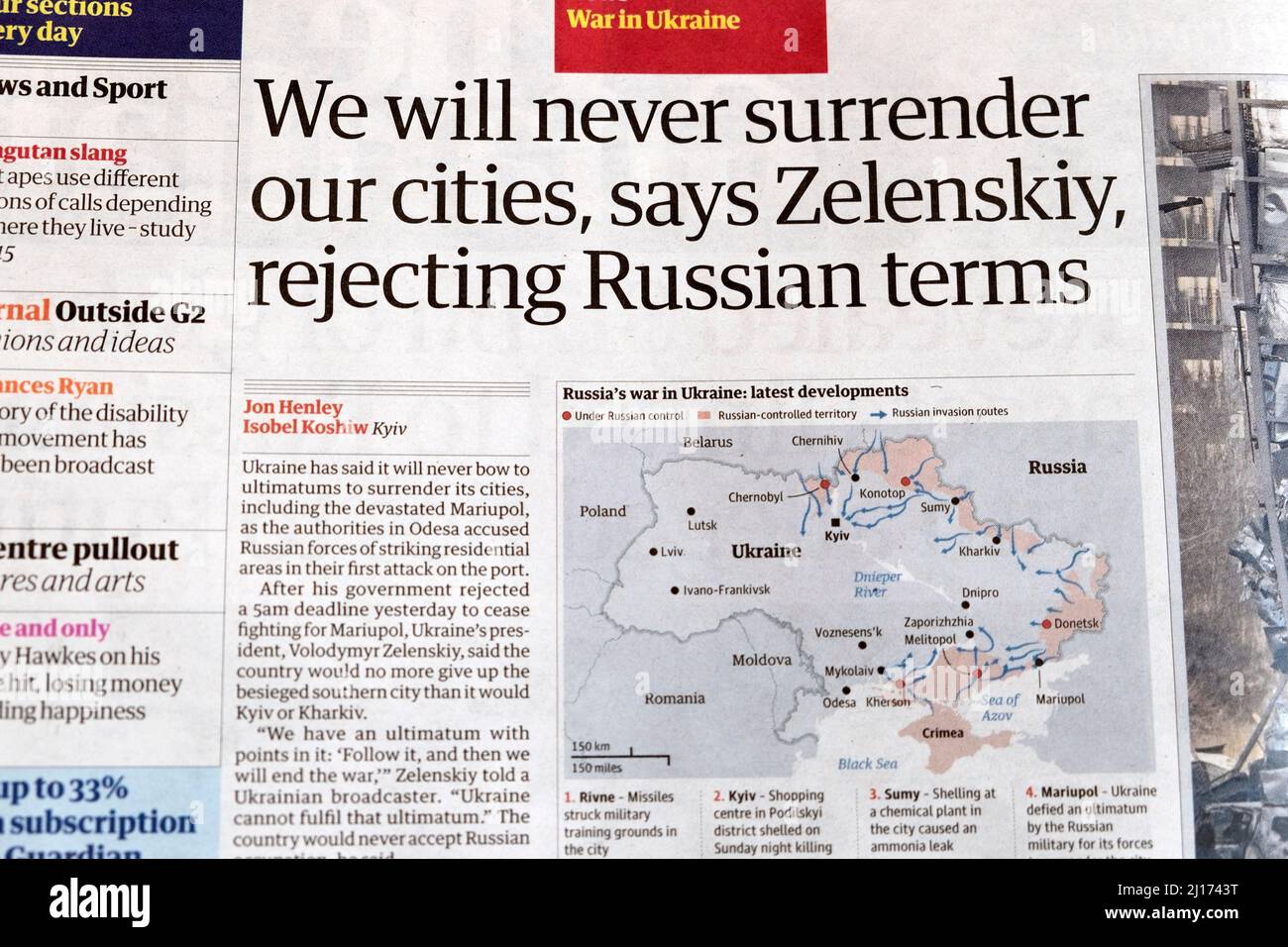 'We will never surrender our cities says Zelenskiy rejecting Russian terms' Guardian newspaper headline Russian invasion Ukraine war 21 March 2022 UK Stock Photo