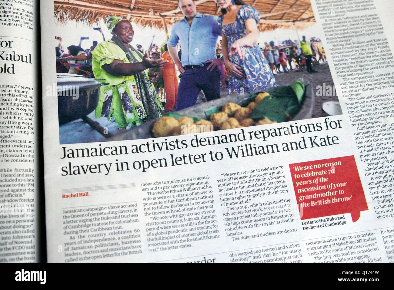 'Jamaican activists demand reparations for slavery in open letter to William and Kate' Guardian newspaper headline Stock Photo