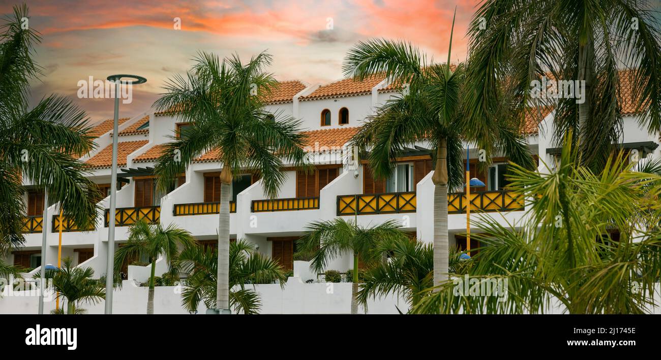 typical Canary style holiday apartments in Tenerife Stock Photo