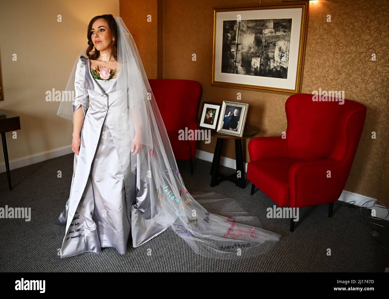 Stella Moris, the partner of Wikileaks founder Julian Assange, is photographed in her Vivienne Westwood designed wedding dress before driving to Belmarsh Prison where she is due to marry Julian Assange, at a hotel in London, Britain March 23, 2022.   REUTERS/Dylan Martinez/Pool Stock Photo