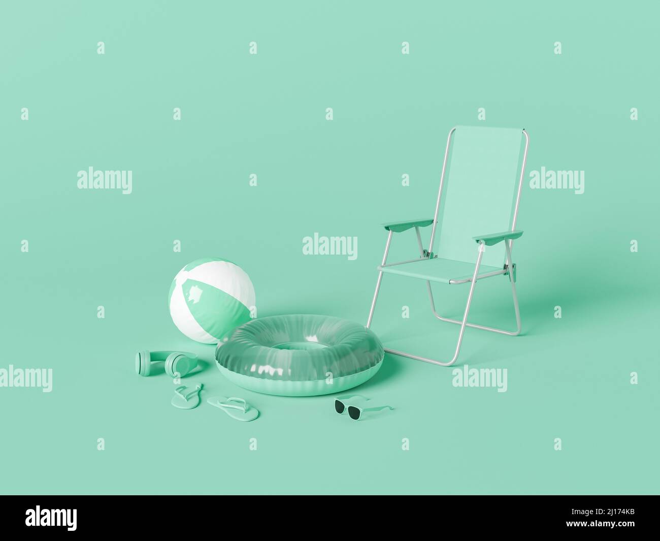 monochromatic scene of beach accessories with float, headphones and