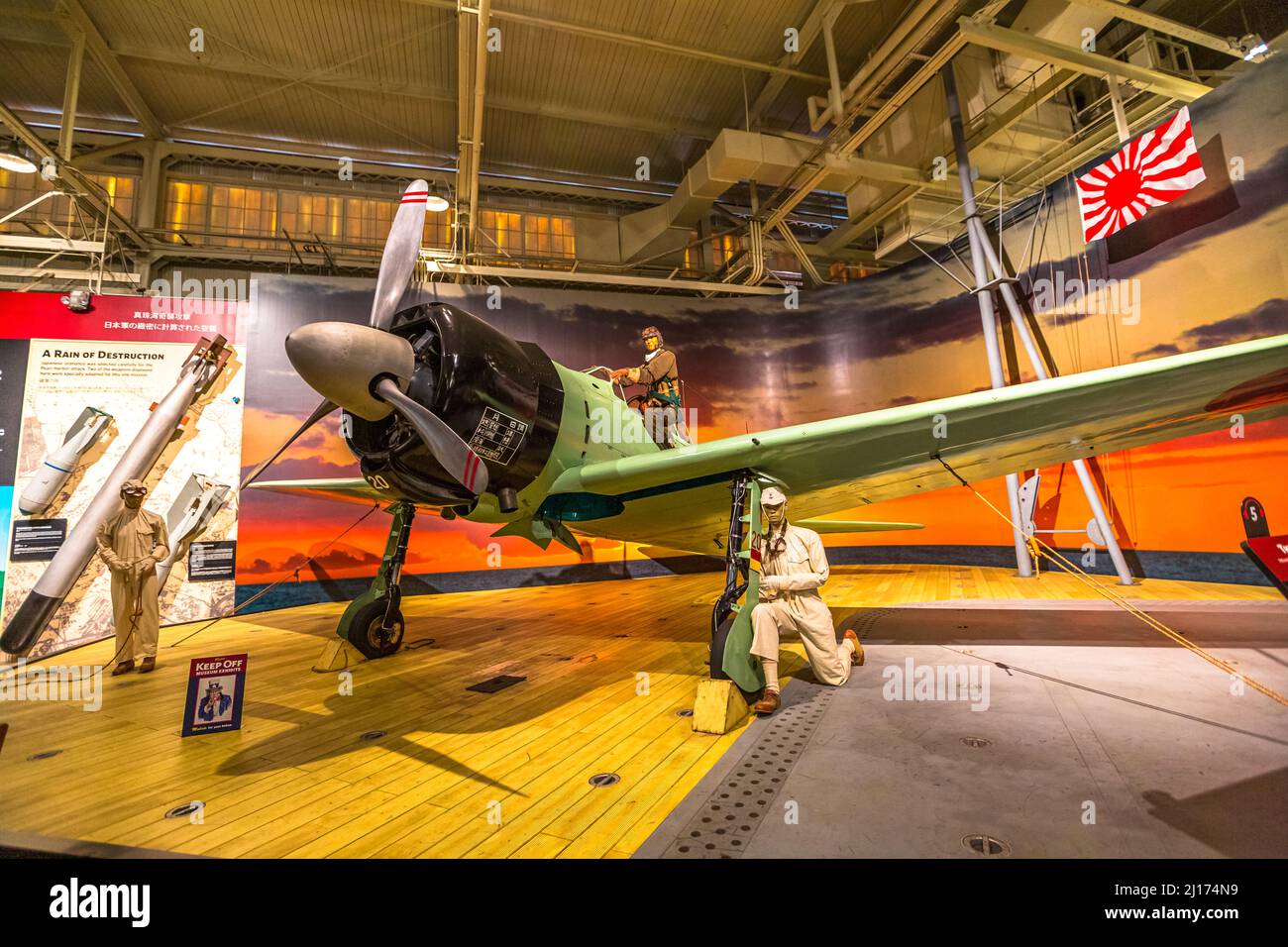 Honolulu, Oahu, Hawaii, United States - August 2016: Japanese Fighter Mitsubishi A6M2 Model 21 of 1940 in Hangar 37 of the Pearl Harbor Aviation Stock Photo