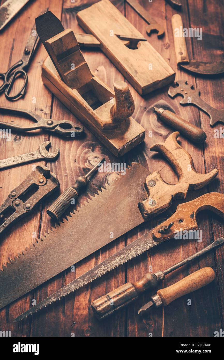 Assortment of old and rusty tools in workshop in vintage look Stock ...