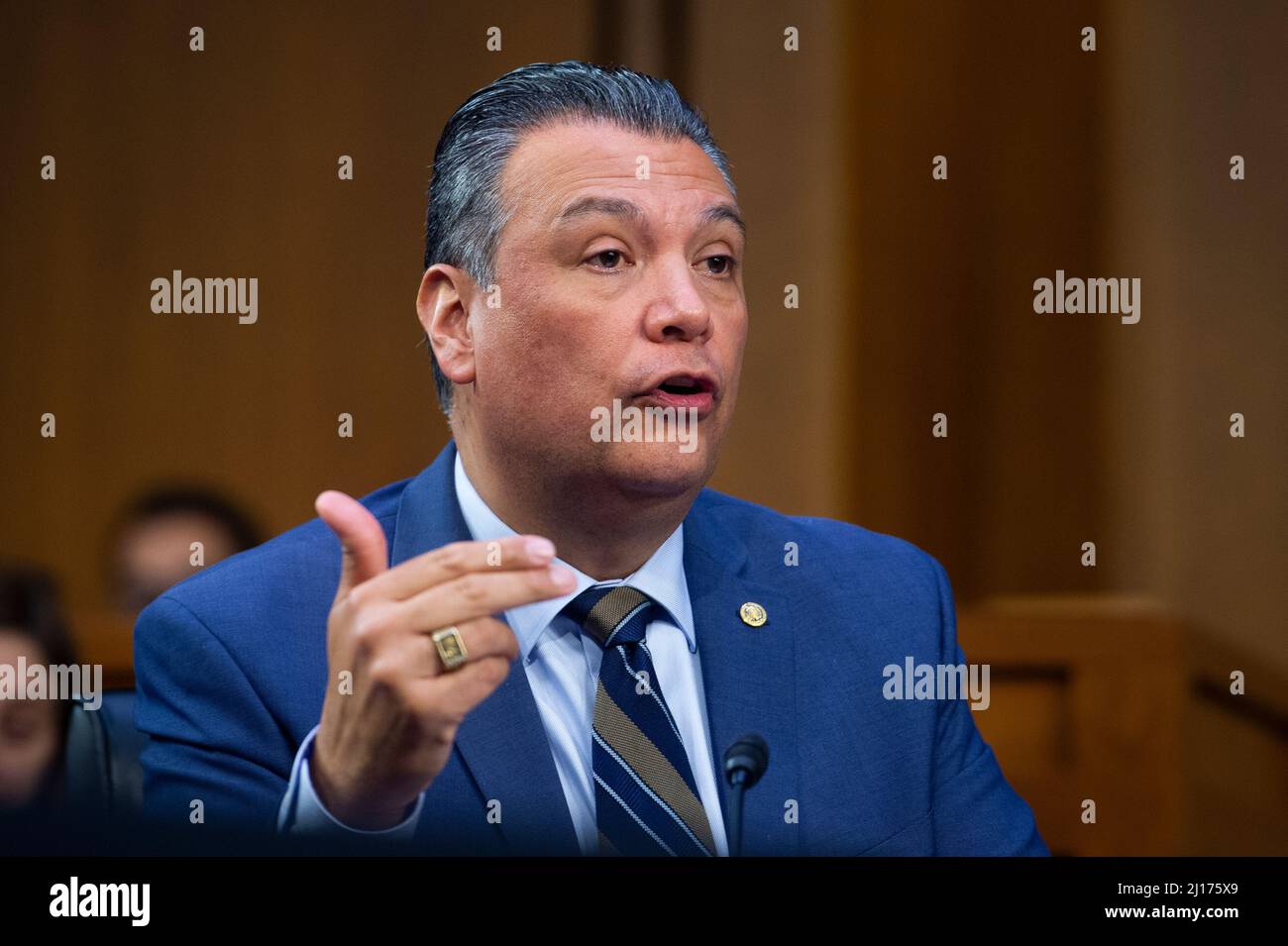 Washington, United States Of America. 22nd Mar, 2022. United States Senator Alex Padilla (Democrat of California) questions Judge Ketanji Brown Jackson appears for the second day of her Senate nomination hearings to be an Associate Justice of the Supreme Court of the United States, in the Hart Senate Office Building in Washington, DC, Tuesday, March 22, 2022. Credit: Rod Lamkey/CNP/Sipa USA Credit: Sipa USA/Alamy Live News Stock Photo