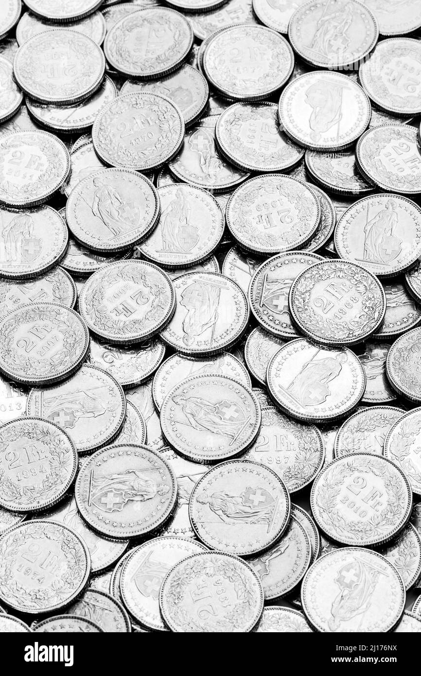 Background, Swiss coins of 2 Francs, 2 CHF Stock Photo - Alamy