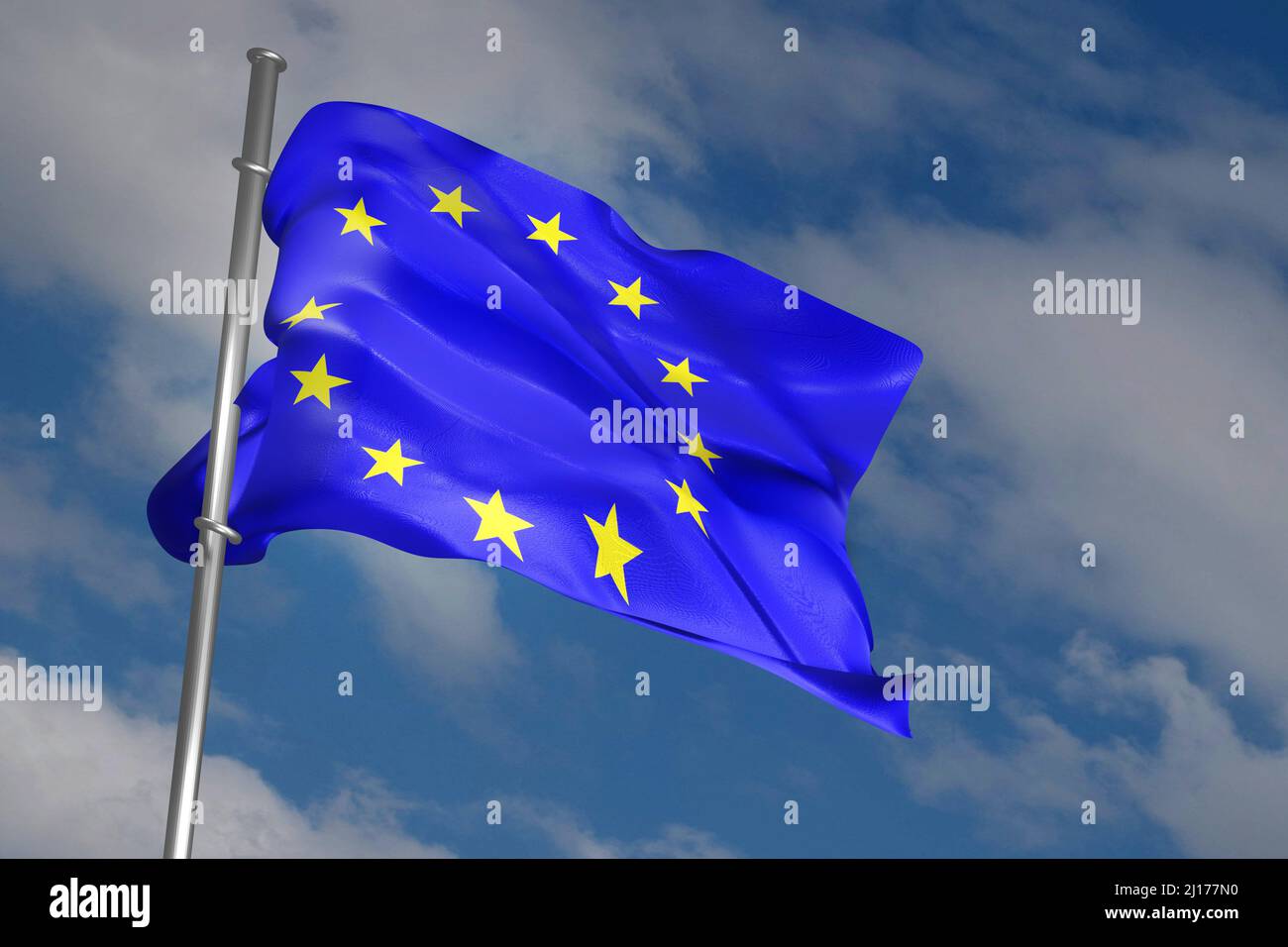 European Union flag waving in the wind on blue sky background. 3D ...