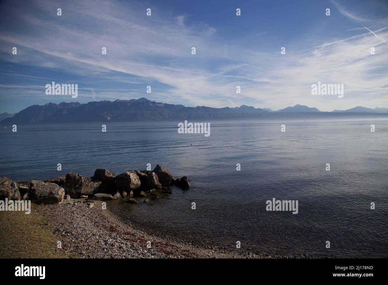View over the lake Geneva in Lausanne, Switzerland on a afternoon in autumn Stock Photo
