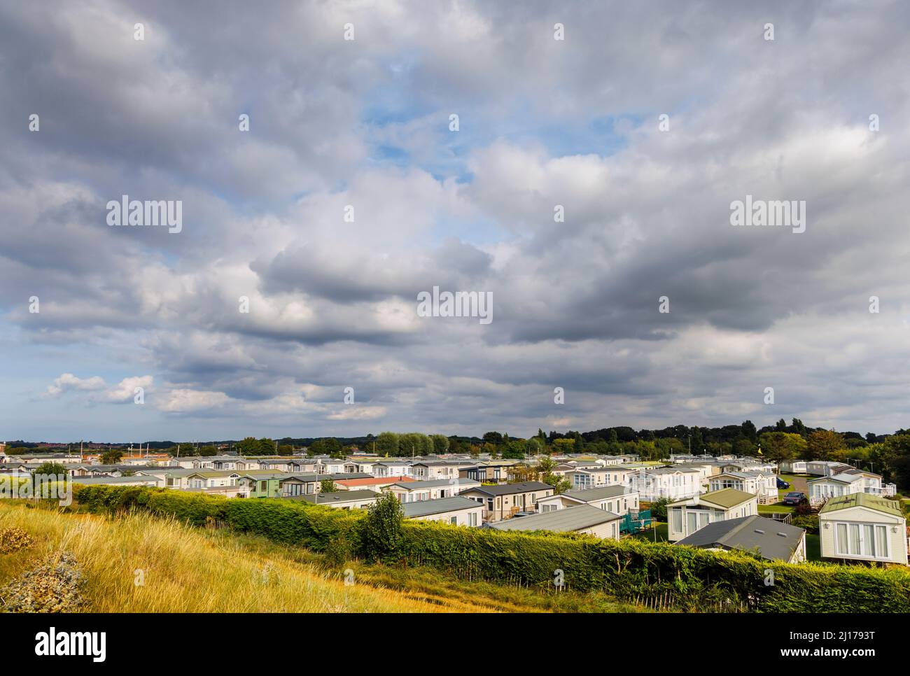 A large holiday mobile home caravan park in Heacham, a coastal village in west Norfolk, England, overlooking The Wash Stock Photo