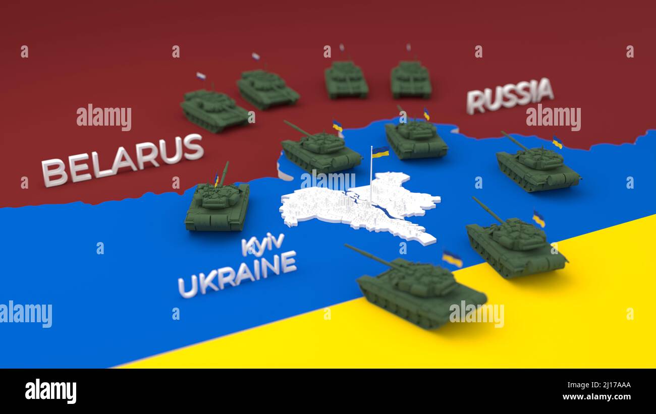 3d stylized schemitic map of Kyiv Kiev capital cyty of Ukraine surrounded with russian tanks Stock Photo