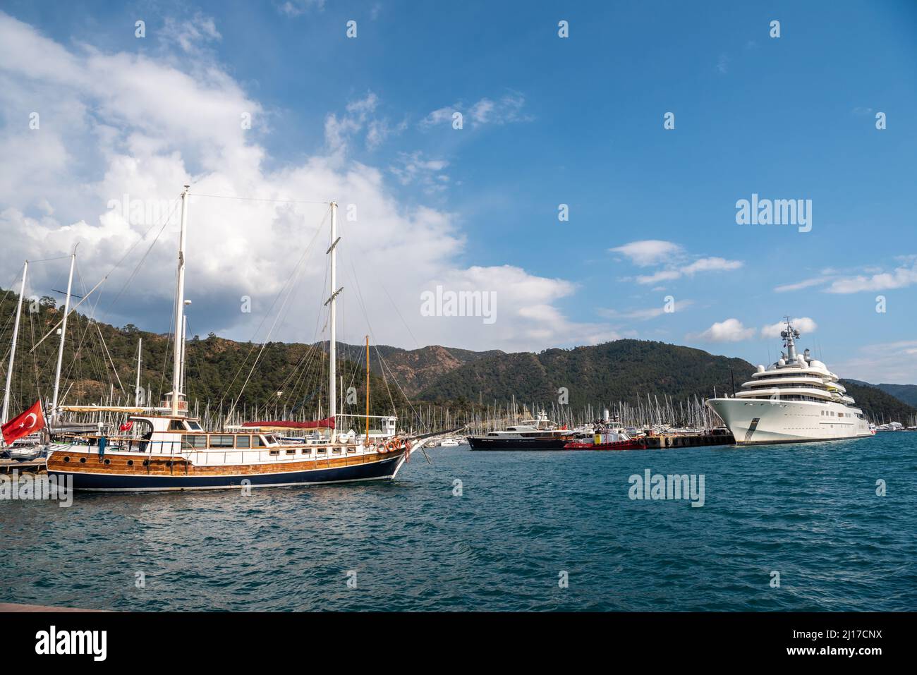Marmaris, Turkey – March 23, 2022. View of Netsel Marina in Marmaris resort town in Turkey, with M/Y Eclipse superyacht owned by  Russian oligarch Roman Abramovich, on the right. Stock Photo