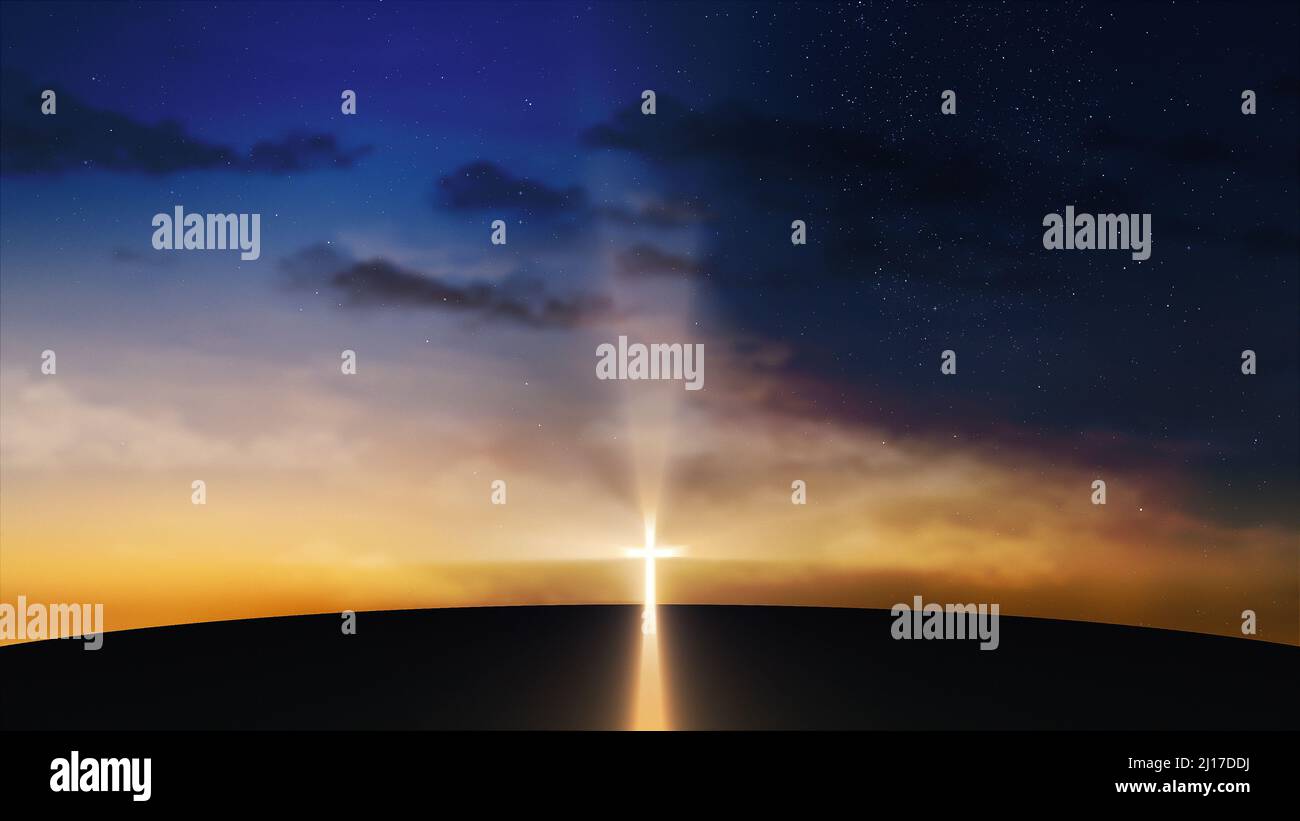 Bright cross on the hill with clouds moving on the starry sky. Easter, resurrection, new life, redemption concept Stock Photo