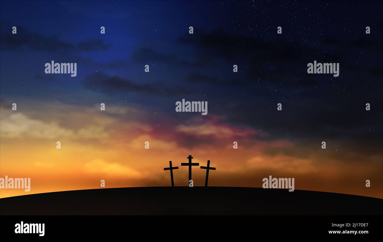 Three crosses on the hill with clouds moving on the starry sky. Easter, resurrection, new life, redemption concept. Stock Photo