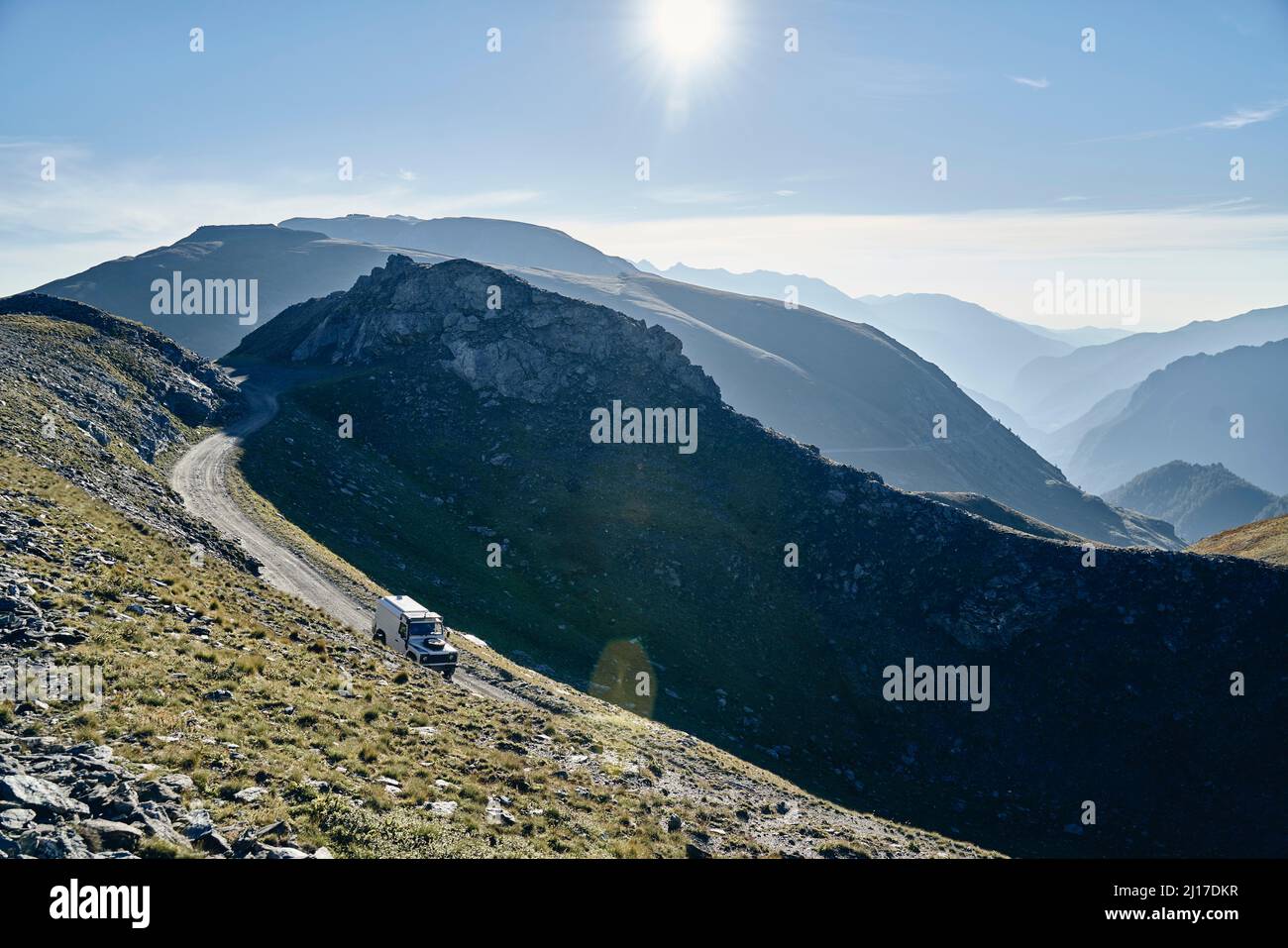 Off-road vehicle on mountain ridge, Colle dell'Assietta, Turin, Italy Stock Photo