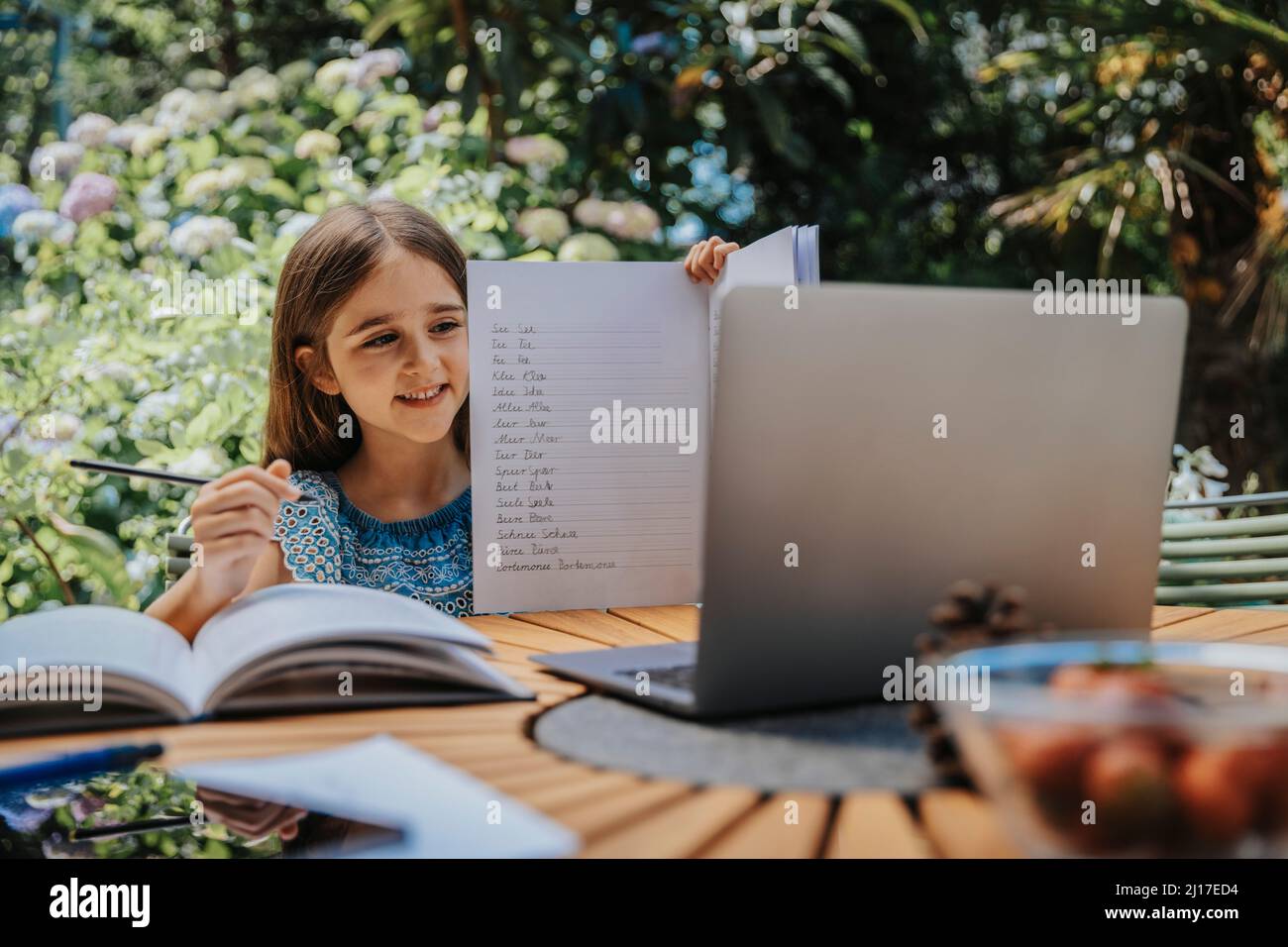Girl showing homework through laptop at back yard Stock Photo - Alamy