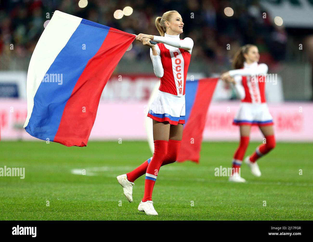 File photo dated 10-10-2019 of Russian cheerleaders at the Luzhniki Stadium in Moscow. Russia has declared an interest in hosting Euro 2028 or Euro 2032, the country's football federation has said. Issue date: Wednesday March 23, 2022. Stock Photo