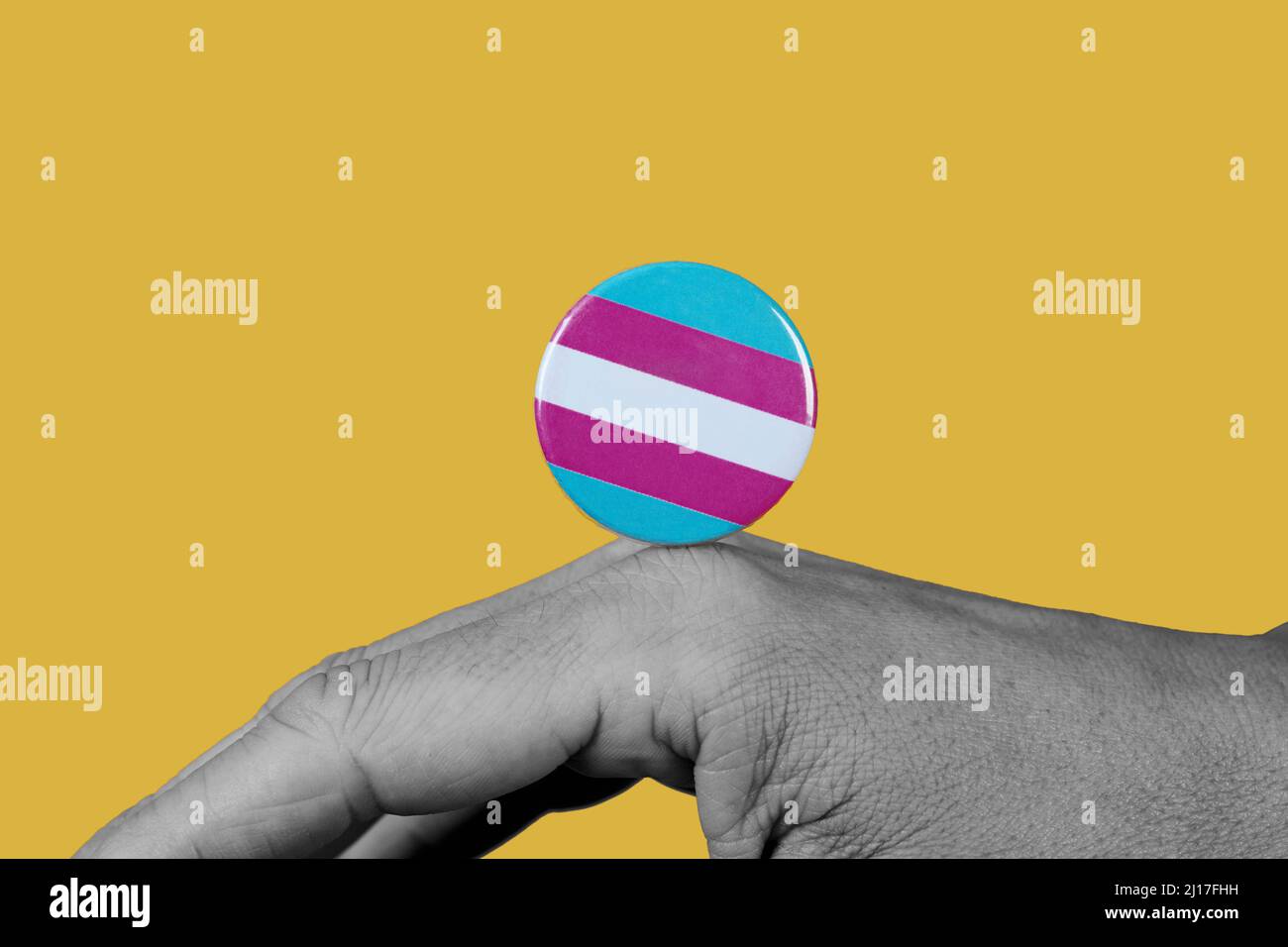 closeup of the hand of a young caucasian person, in black and white, with a pin button patterned with the transgender pride flag on a yellow backgroun Stock Photo