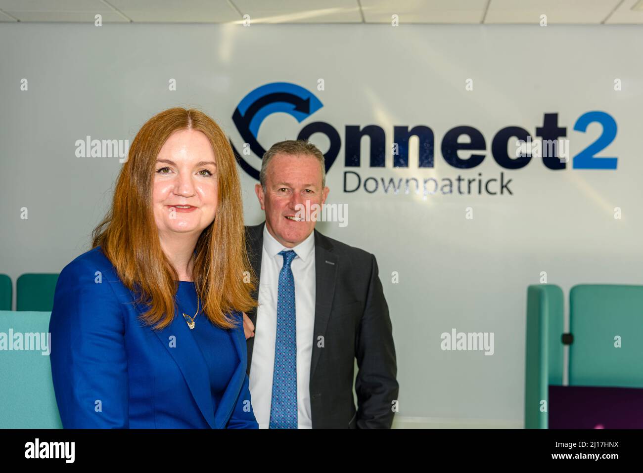 Rathkeltair House, Downpatrick, 23 March 2022 - Minister for Finance, Conor Murphy (Sinn Fein) and Head of the NI Civil Service, Jane Brady, launch the new Connect 2 Hub allowing civil service staff to work in a flexible state-of-the-art office environment. Stock Photo