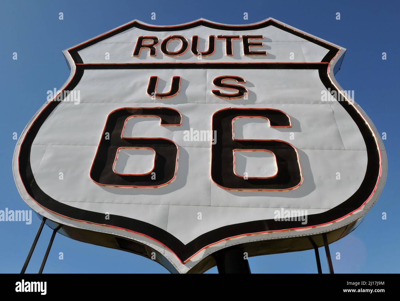 An oversized Route 66 road sign stands outside the National Route 66 Museum in Elk City, Oklahoma. Stock Photo