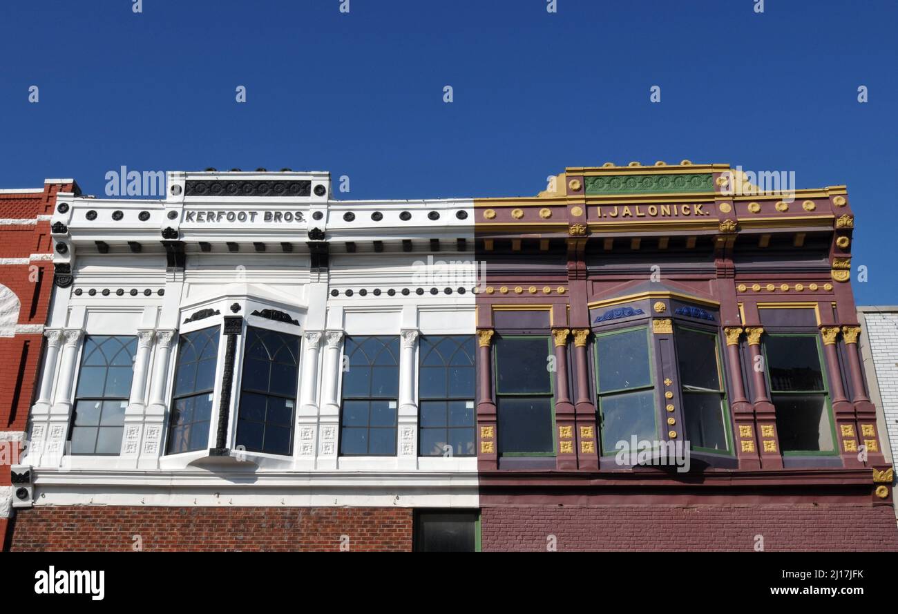 Colorful building facades in a historic commercial block in downtown El