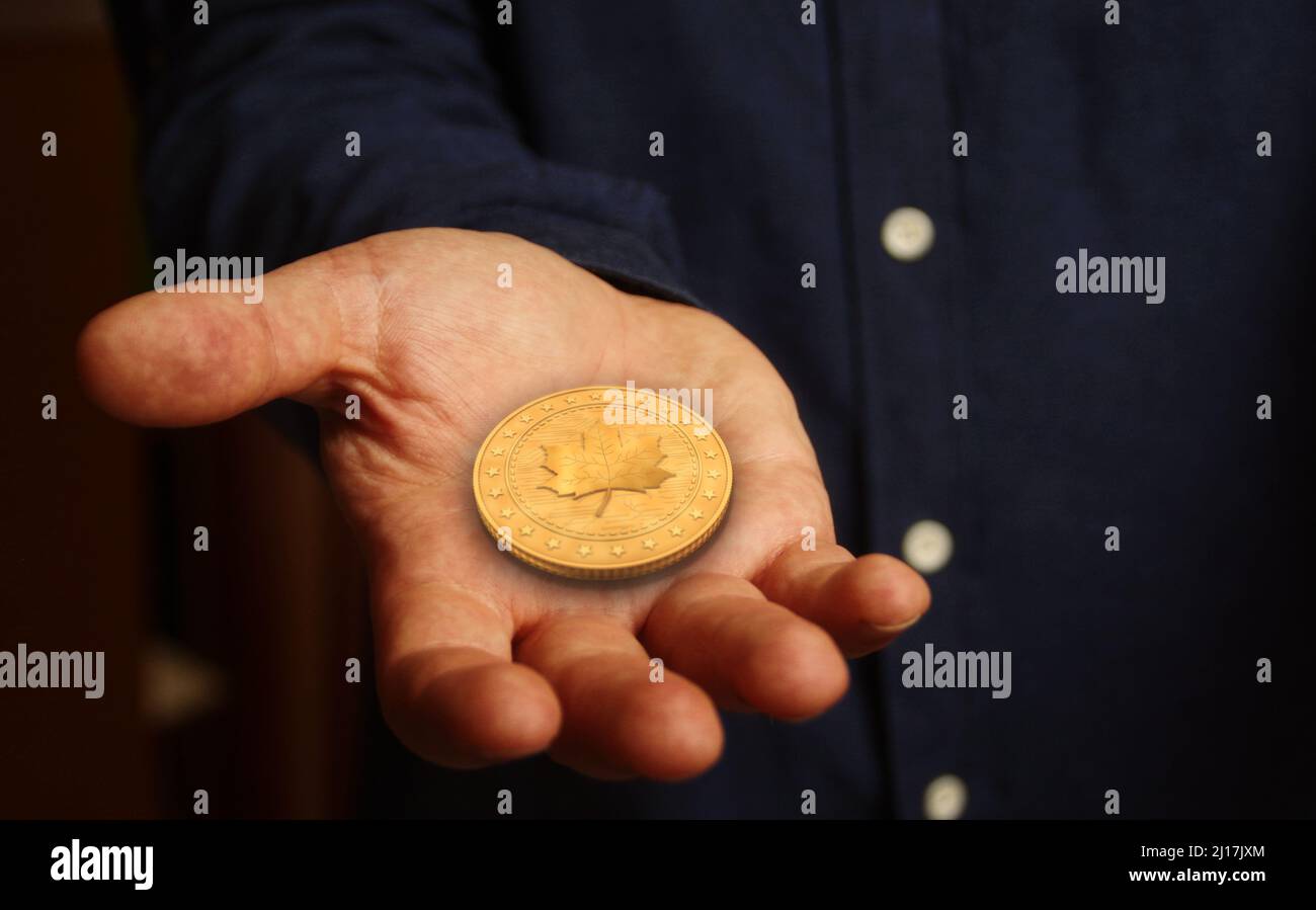 Maple Leaf canadian golden coin in hand abstract concept. Stock Photo