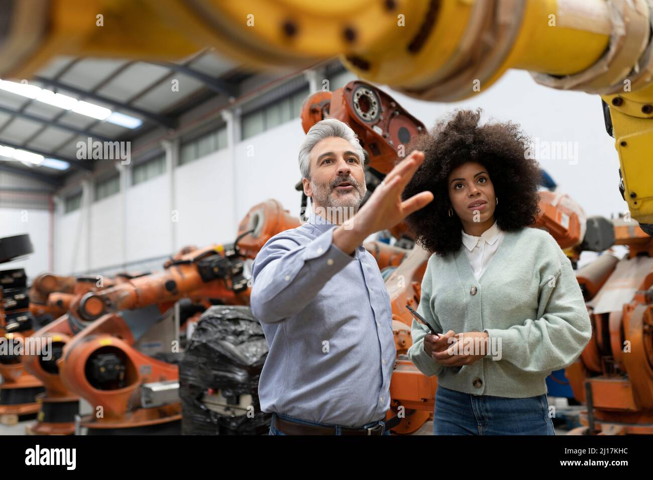 Developers discussing about machine in factory Stock Photo