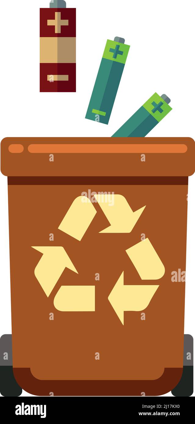 Battery recycling. Electric garbage bin. Brown trash container Stock