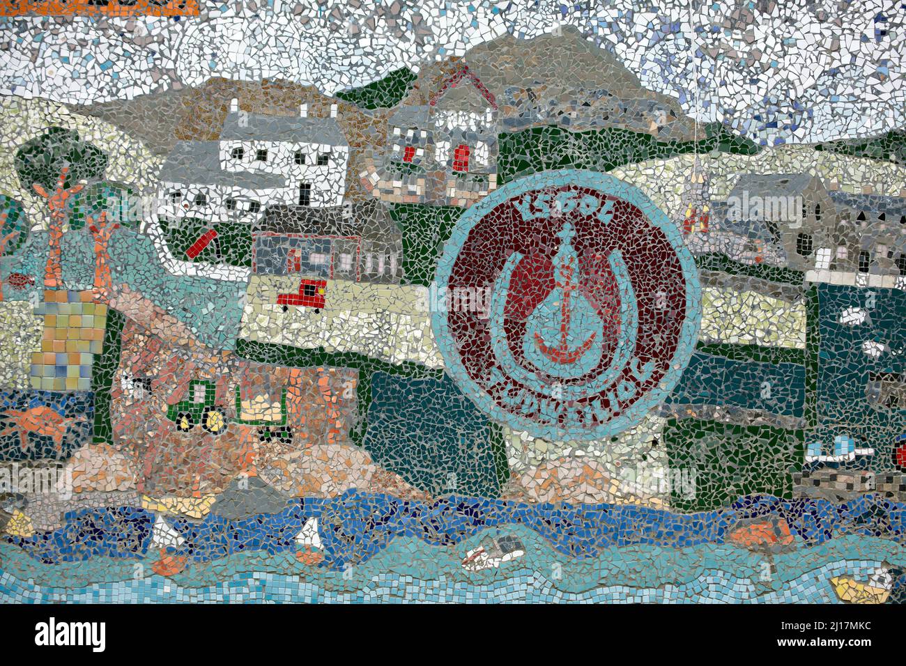 Wall mosaic at Ysgol Gynradd primary school in Tudwelliog on the north western coast on the Lleyn Peninsula North Wales UK Stock Photo