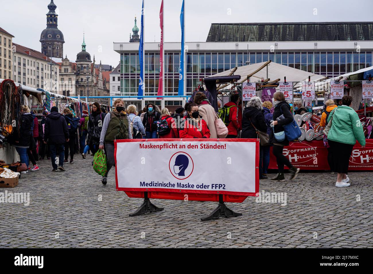 Market in Dresden. Entrance only with Covid Mask. Stock Photo