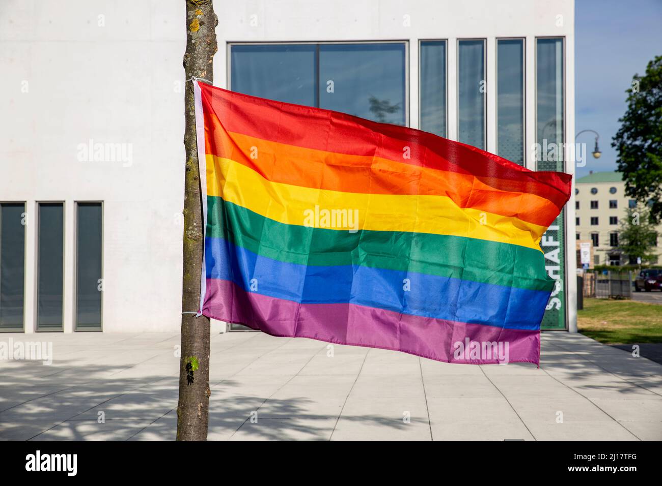 Germany, Bavaria, Munich, Rainbow flag in front of National Socialism-Documentation Centre Stock Photo