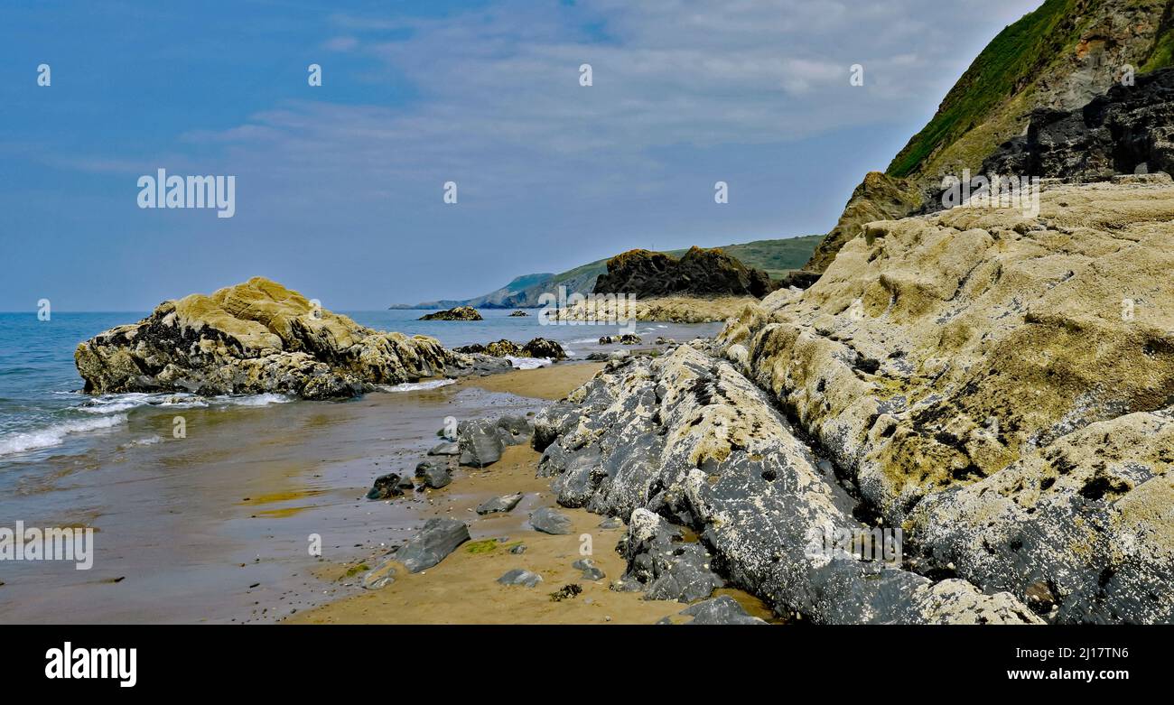 Colour photograph landscape of barnacle covered coastal rock the image is a part of the beach at Tresaith in Cardigan Bay West Wales Stock Photo
