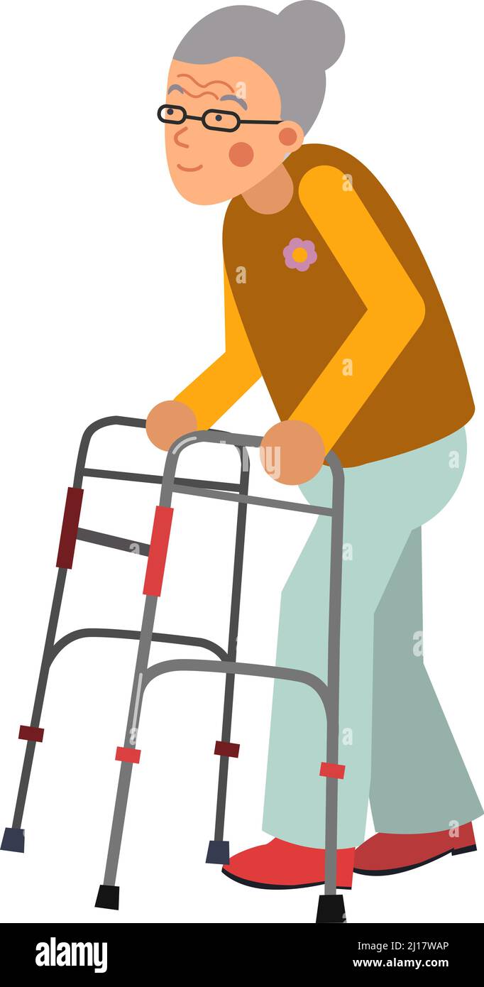 Old woman walking with walker. Senior mobility aid Stock Vector