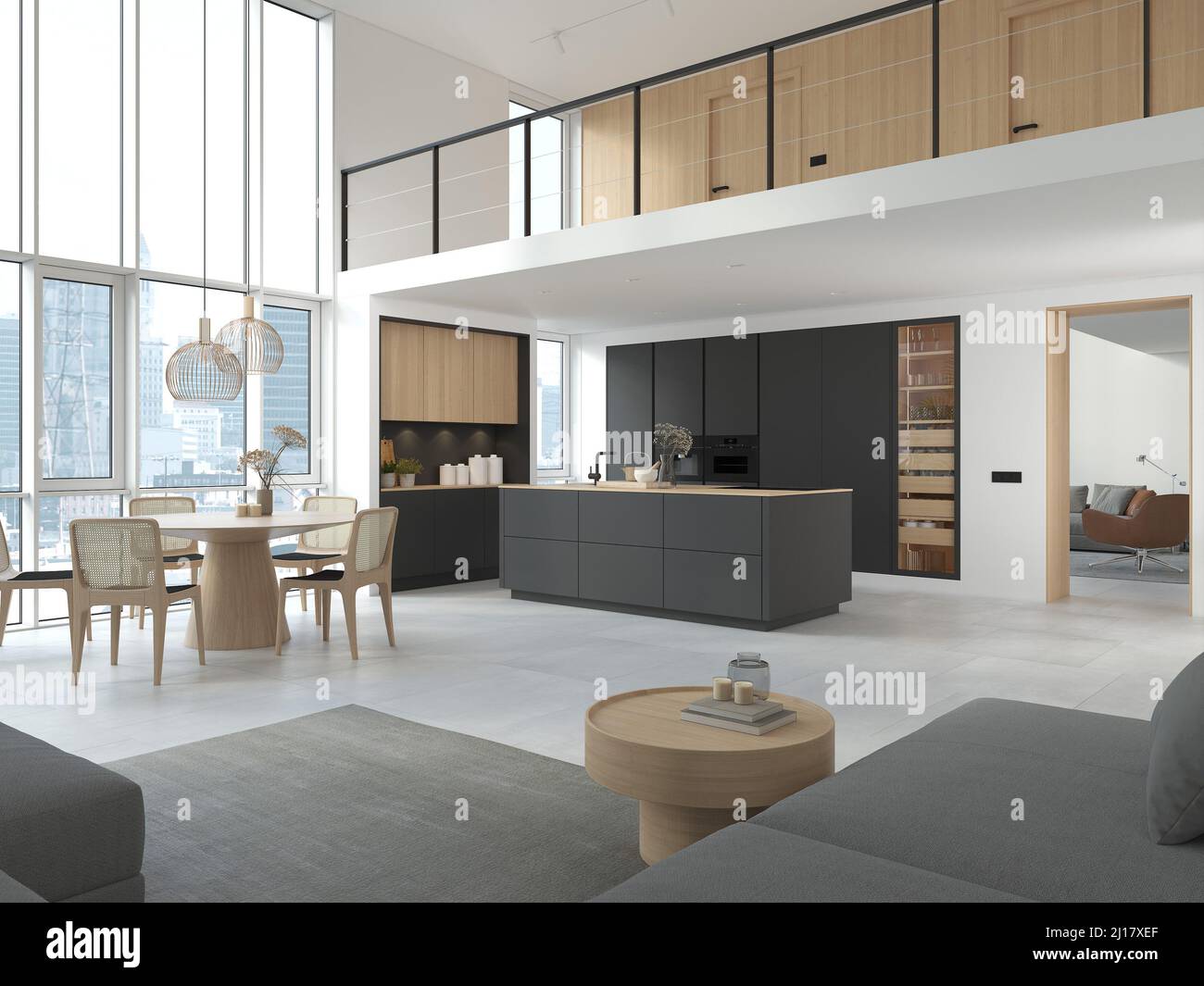 3D Illustration. Modern kitchen in loft apartment. Stock Photo