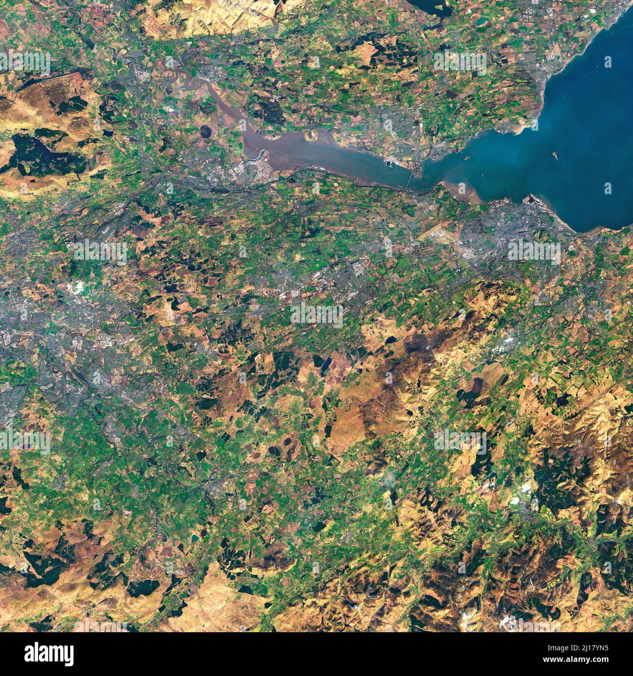 SCOTLAND, UK - 08 March 2022 - This amazing satellite image from Landsat 9 shows West Lothian, Midlothian, East Lothian, Fife, Edinburgh and much of t Stock Photo