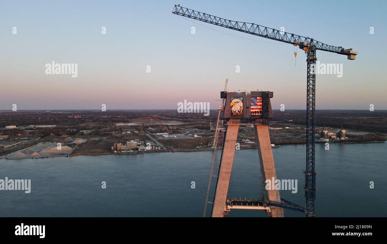 Gordie Howe Bridge spanning the Detroit River to Windsor Ontario Canada, under construction and reaches major milestone in the pylon build Stock Photo