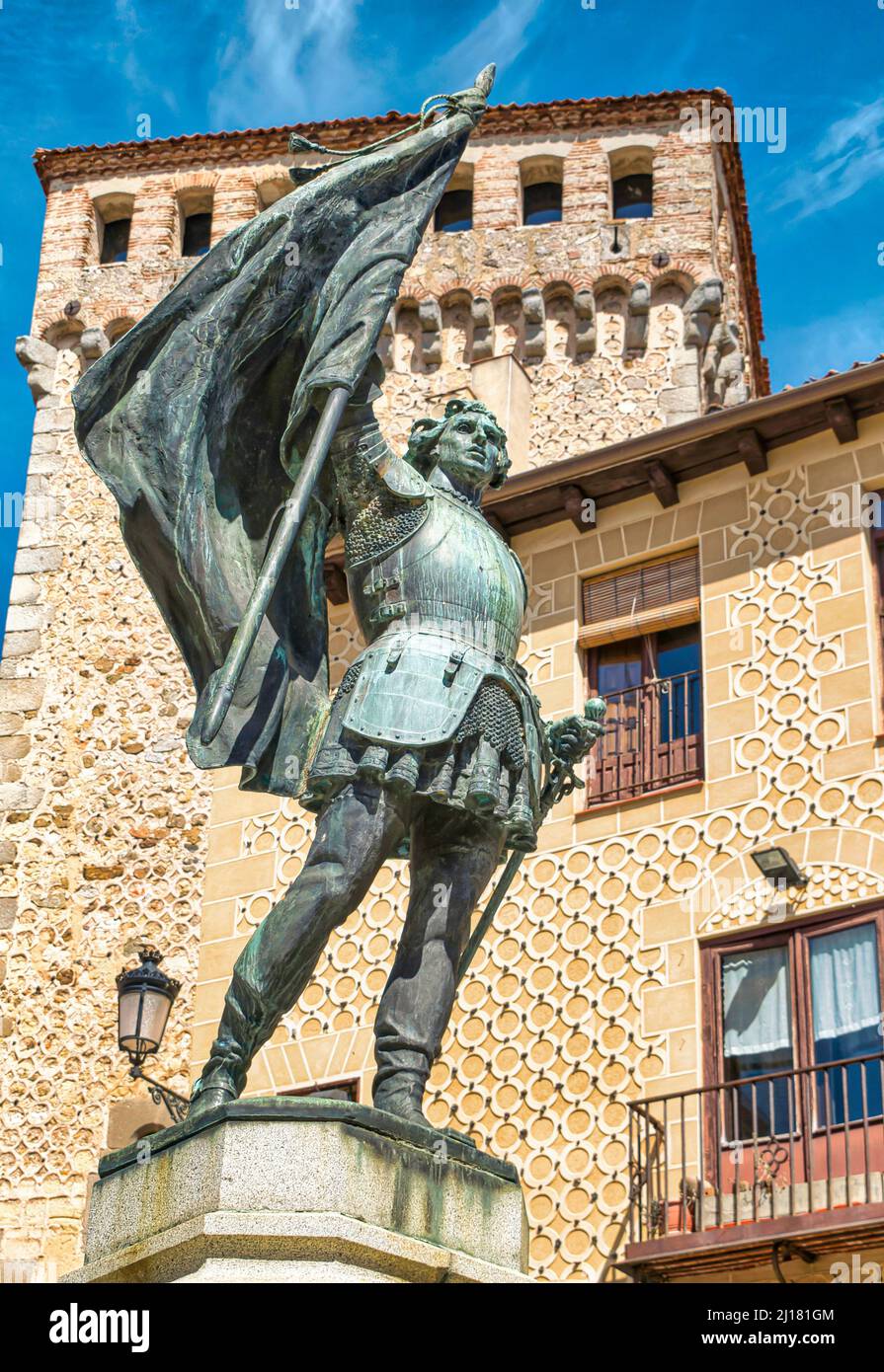 A statue tribute to the Castilian nobleman Juan Bravo in a central square, city of Segovia, Spain Stock Photo