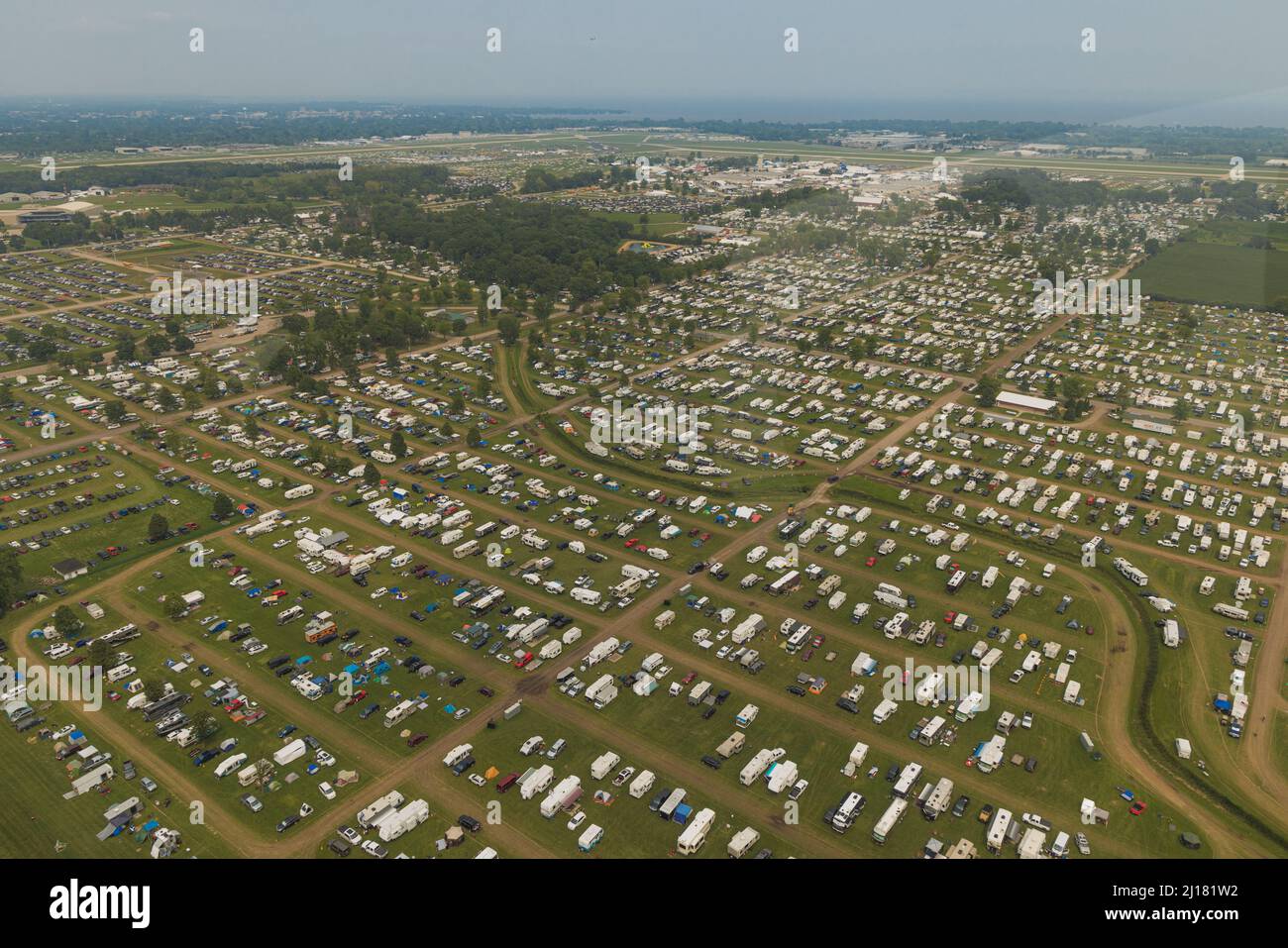 An aerial view of EAA Airventure grounds with planes and tents Stock ...