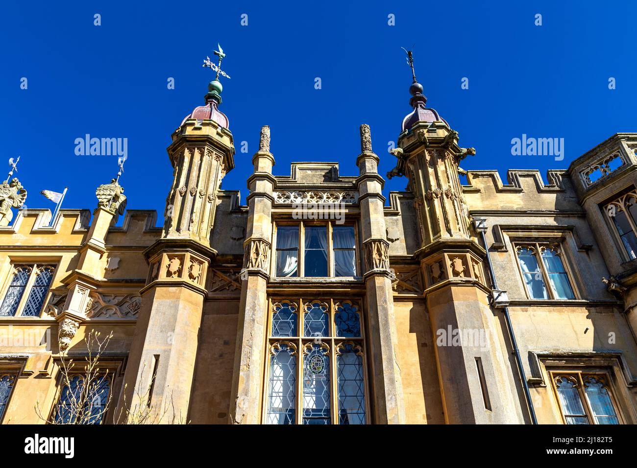 Detail of the ornate Tudor Gothic style facade of Knebworth House, Hertfordshire, UK Stock Photo