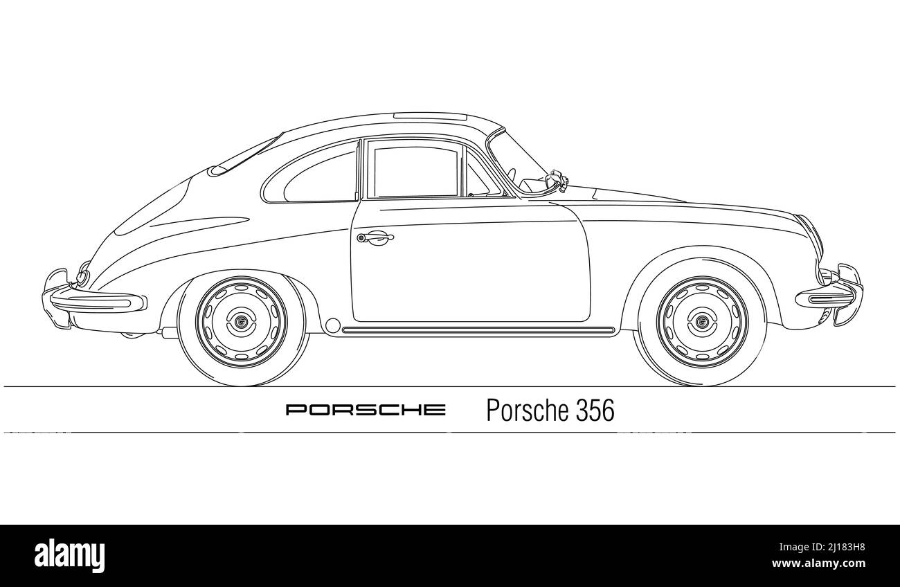 Porsche 356 vintage car outlined silhouette, illustration Stock Photo