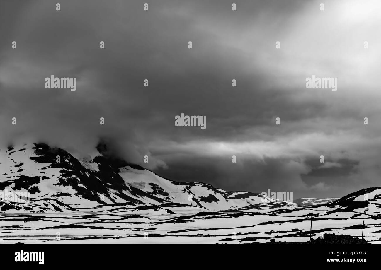 Landscape panorama snowy mountains Black and White Stock Photos ...