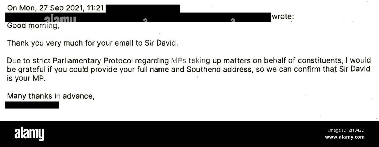 REDACTION MADE AT SOURCE Undated handout photo issued by Metropolitan Police of email contact between Ali Harbi Ali and the office of Sir David Amess that has been shown to the jury at the Old Bailey, London, in the trial of Ali Harbi Ali accused of murdering the veteran Conservative MP as he held meetings with constituents in a church building last year. The 26 year old denies fatally stabbing the MP for Southend West during a constituency surgery in Leigh-on-Sea, Essex, on October 15. Issue date: Wednesday March 23, 2022. Stock Photo