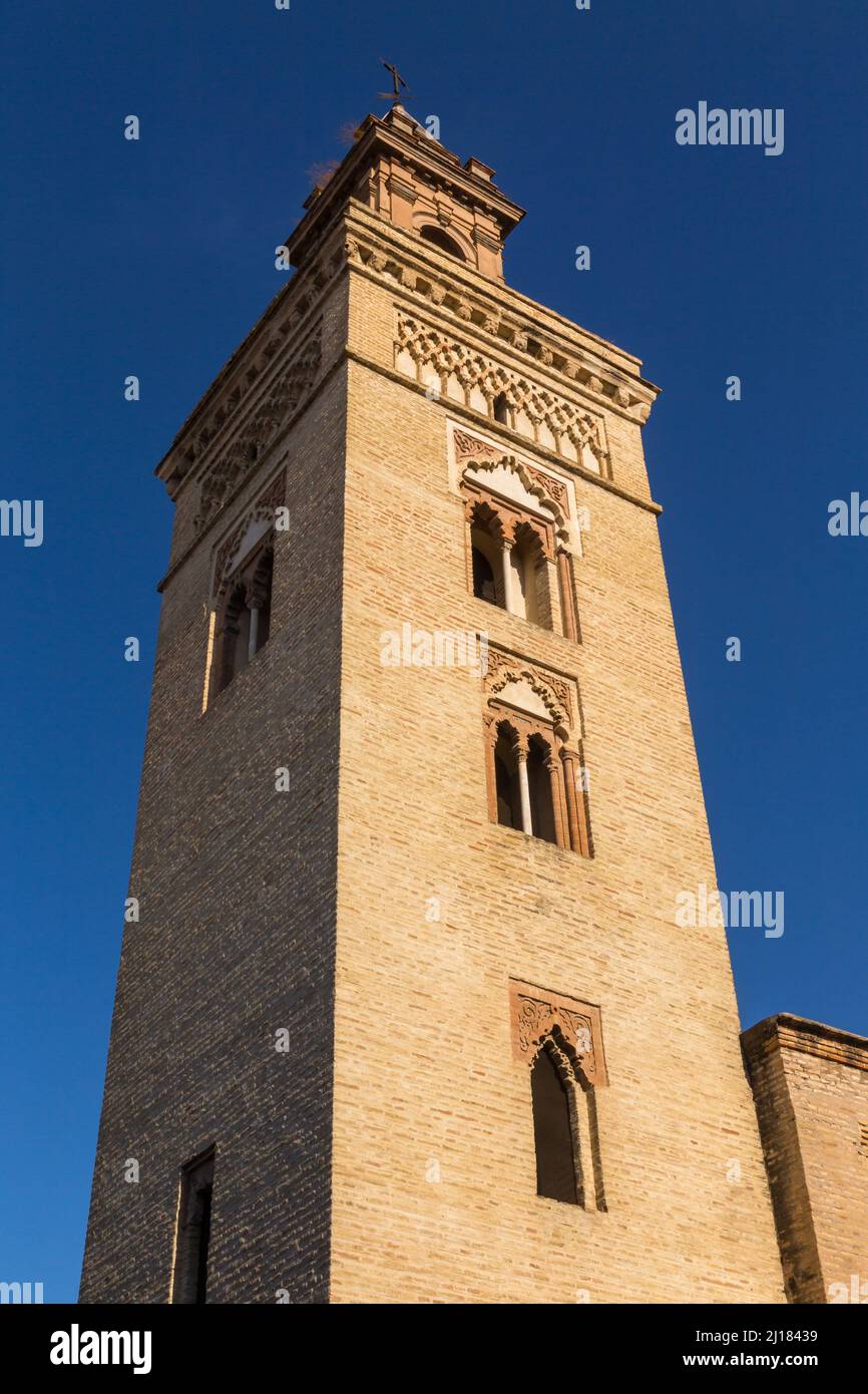 Iglesia de San Marcos Tower (Church of San Marcos) on St. Mark's Square (Plaza San Marcos) in downtown of the city Seville. Spain. Stock Photo
