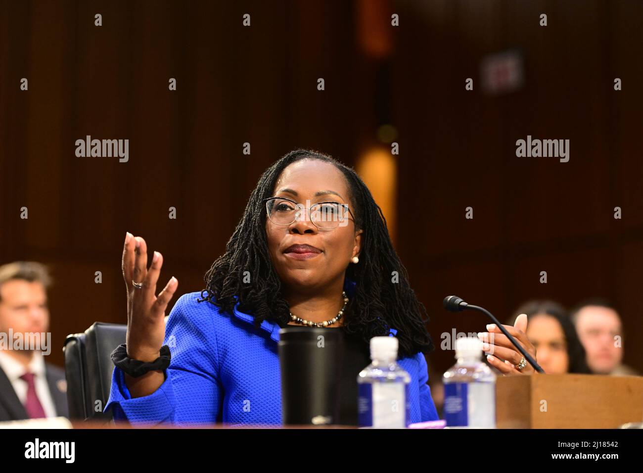 Washington, United States Of America. 23rd Mar, 2022. Judge Ketanji Brown Jackson testifies before the United States Senate Judiciary Committee on her nomination as Associate Justice of the US Supreme Court to replace Justice Stephen G. Breyer on Capitol Hill in Washington, DC on Wednesday, March 23, 2021.Credit: Ron Sachs/CNP/Sipa USA Credit: Sipa USA/Alamy Live News Stock Photo
